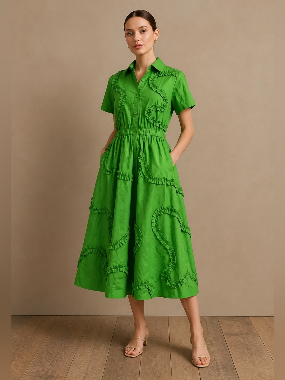 NWT Kate Spade Bright Green Ruffle-Trim Midi Dress